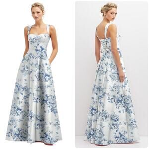 Alfred Sung Floral Lace-Up Back Bustier Satin Dress, Blue and White, Size 4